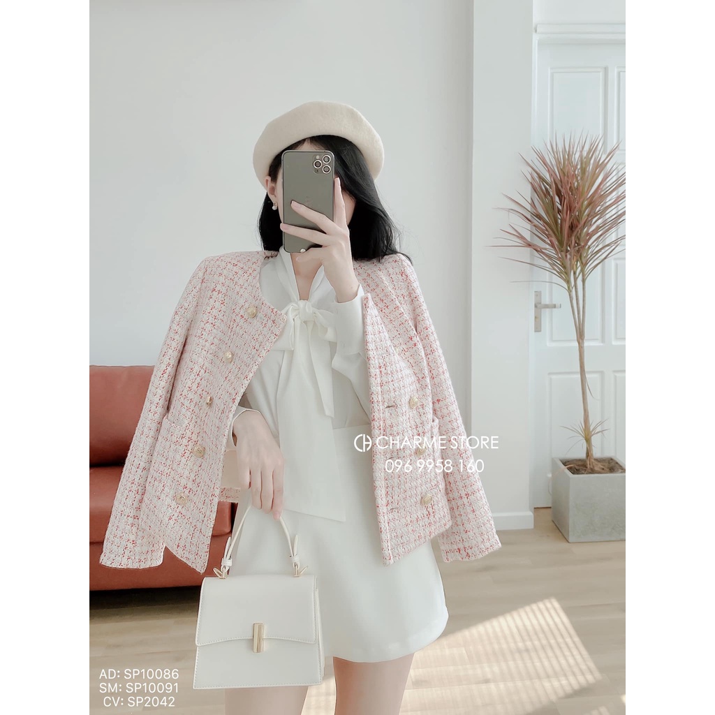 Áo sơ mi nữ trơn dài tay cổ nơ thiết kế Charme 110091