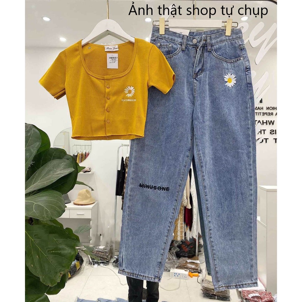 Quần baggy jean nữ thêu hoa cúc chữ MINUSONE F08 | BigBuy360 - bigbuy360.vn