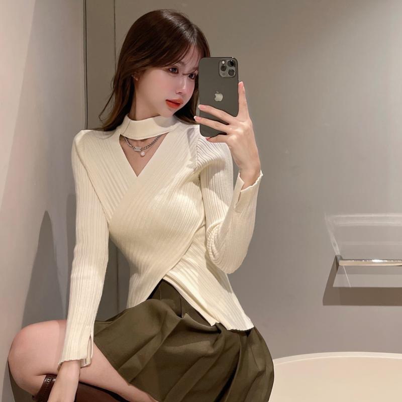 Áo croptop SUXI vải dệt kim tay dài màu trơn thời trang Hàn Quốc