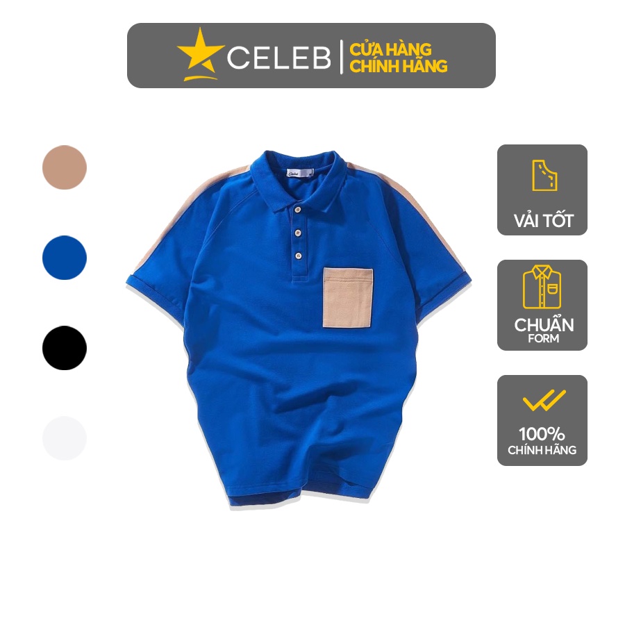 Áo thun polo nam xanh cao cấp phối màu có túi CELEB, trẻ trung năng động