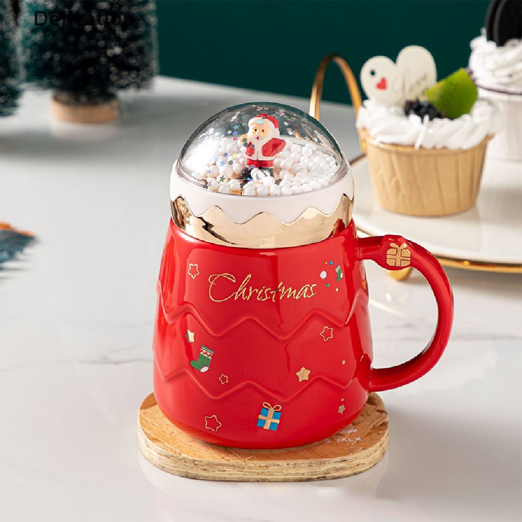 Cốc Uống Nước Bằng Sứ Trong Suốt Có Nắp Đậy In Hình Ông Già Noel Dễ Thương