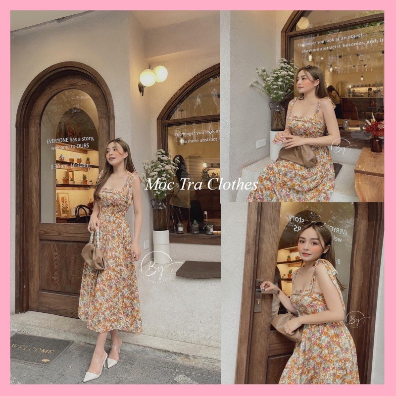 Đầm maxi hoa nhí hai dây thắt nơ vai tiểu thư có cup đệm ngực siêu xinh, Váy kiểu nữ đi biển dáng dài hàng đẹp