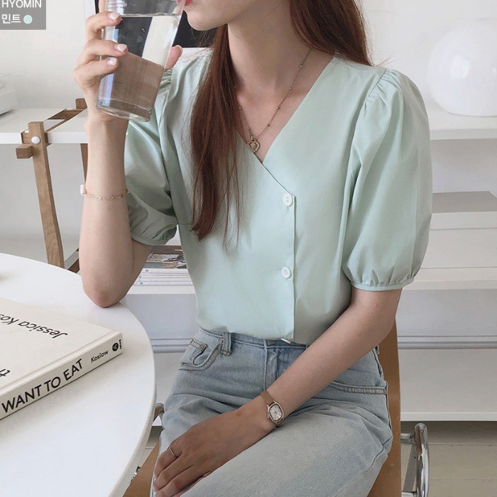 (Order) Áo sơ mi cổ V thiết kế cúc lệch tay voan sang trọng thanh lịch cô gái Pháp