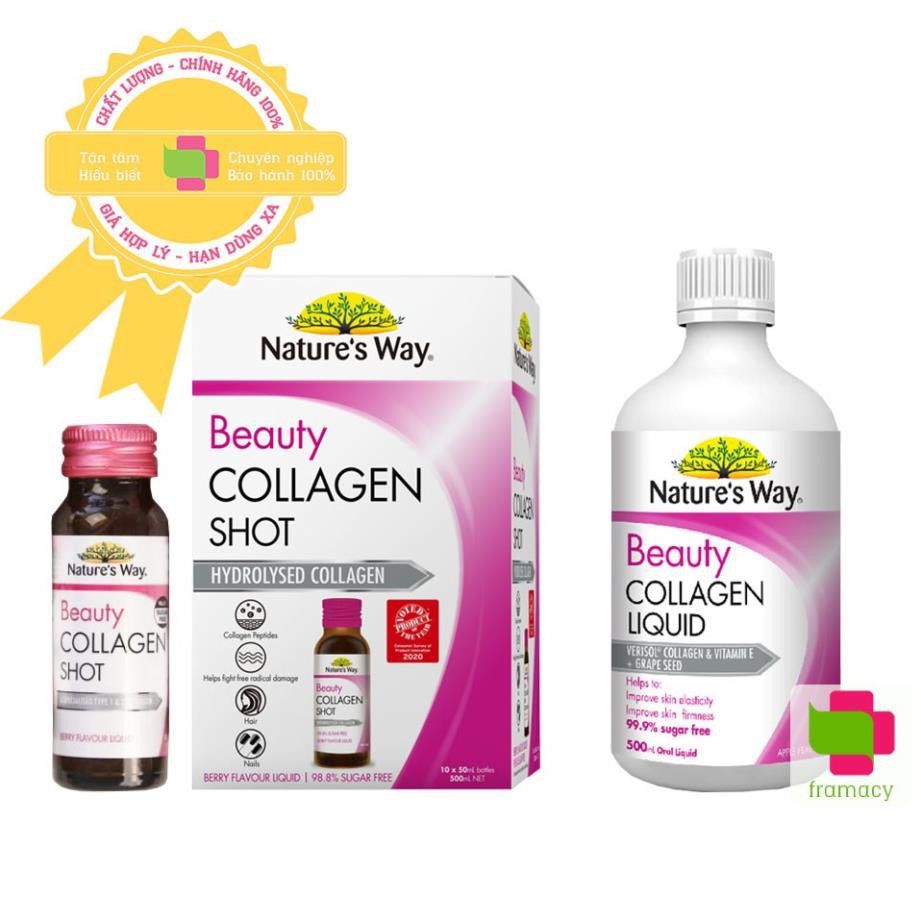 Nature's Way Beauty Collagen Shot thủy phân (10x50ml)/Collagen Liquid dạng nước (500ml), Úc có hạt nho và vitamin E