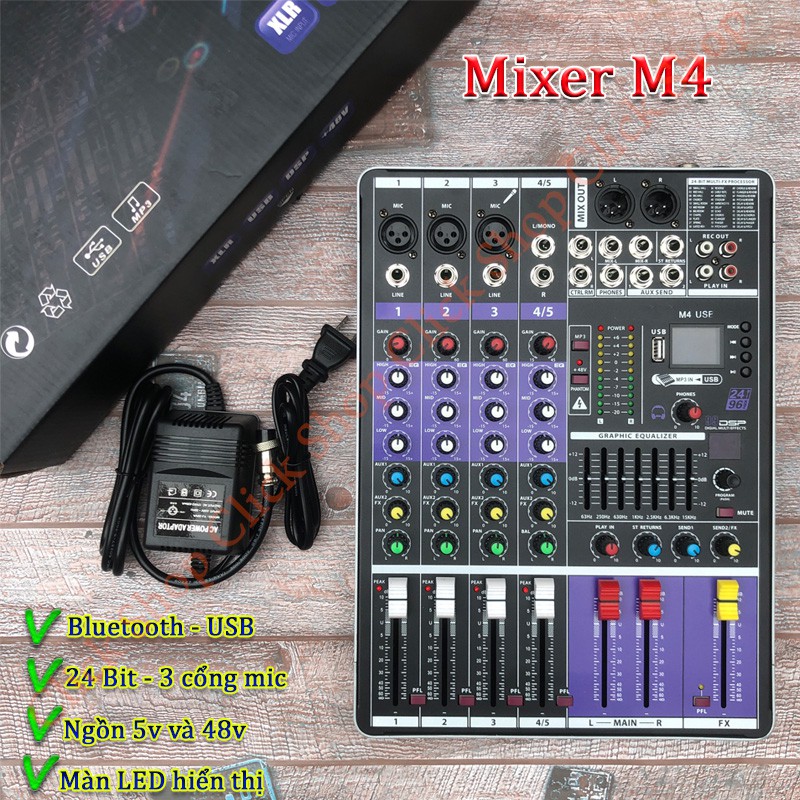 Bàn mixer M4 USB có 100 hiệu ứng để hát karaoke và livestream dòng cao hơn mixer f4 và mixer f7 màn hình led hiển thị