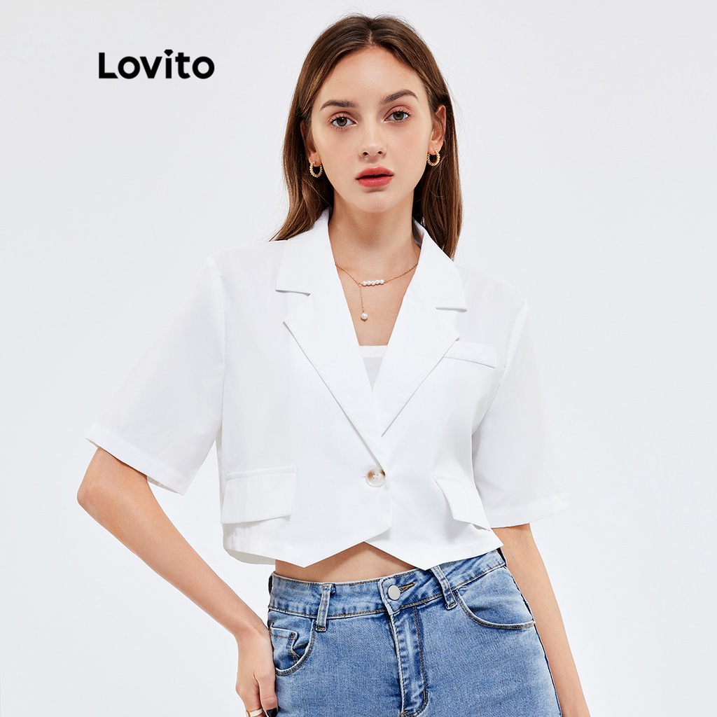 Áo khoác blazer Lovito màu trơn cổ bẻ viền không cân xứng phong cách thường ngày L25AD049 (màu trắng)