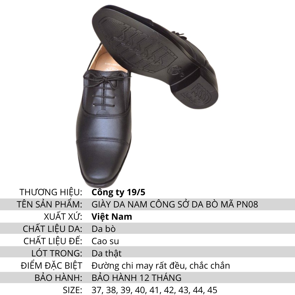 Giày da nam công sở, giày tây da bò thật lịch lãm màu đen Mã PN08