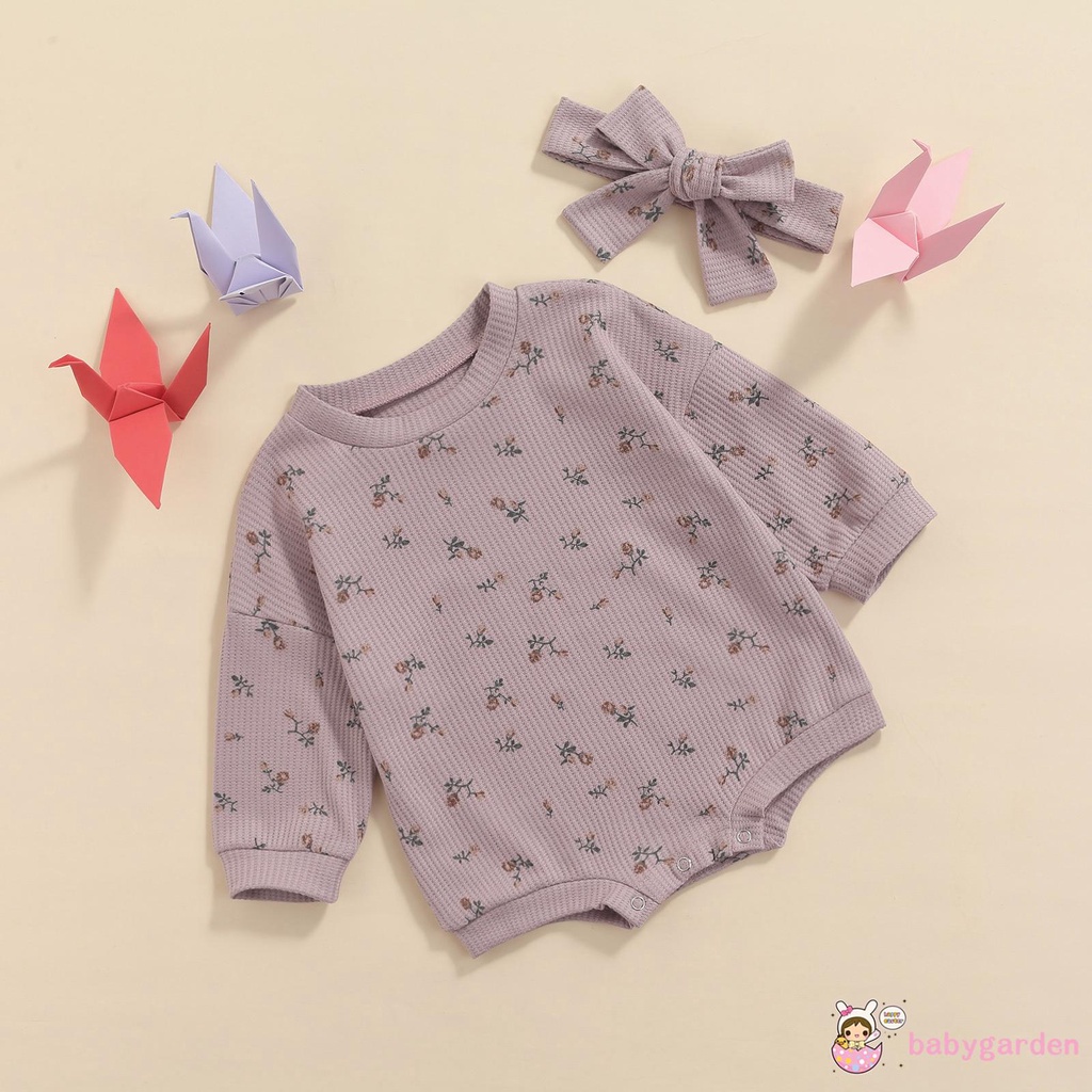 Áo liền quần tay dài cổ tròn in hoa và băng đô cài tóc thời trang mùa xuân cho bé gái