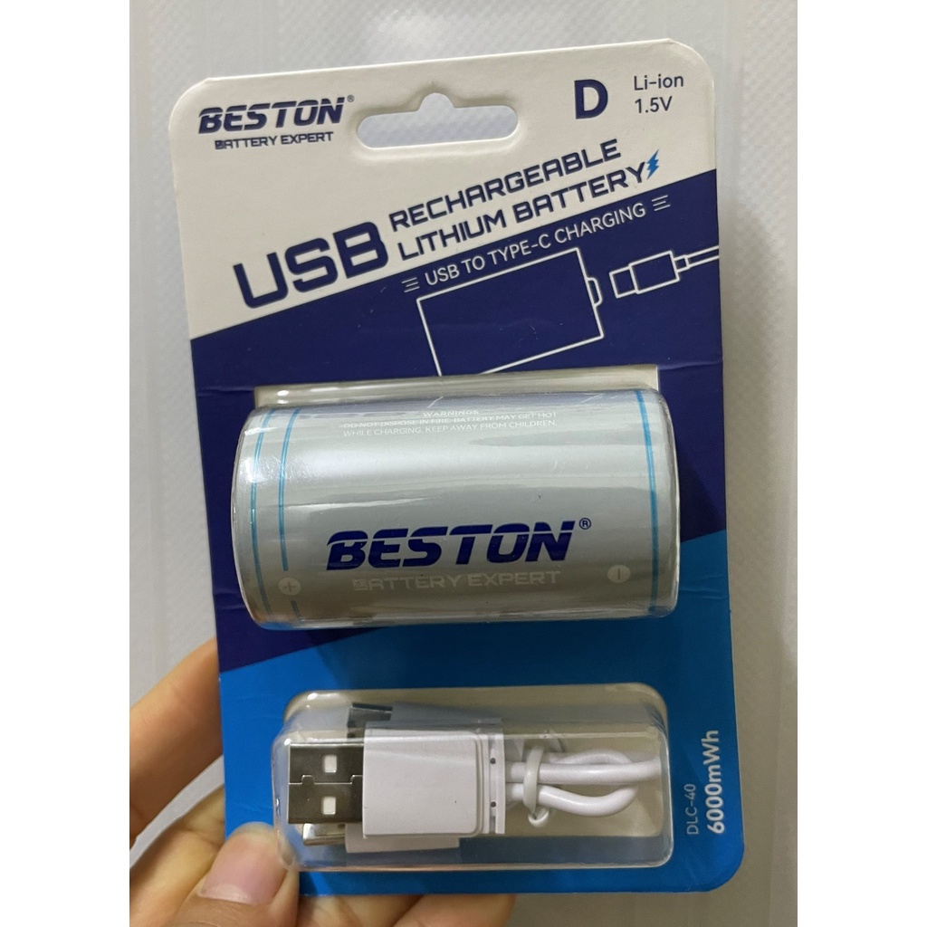 Pin Beston 6000mWh loại D DLC-40/1.5V có cổng sạc USB Type C dùng cho đèn pin, bếp gas - kèm dây sạc