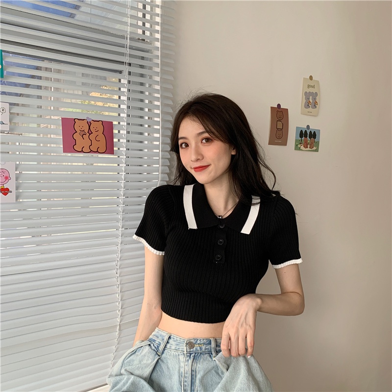 Áo croptop dệt kim tay ngắn cổ polo phối màu sắc đơn giản dễ phối đồ | BigBuy360 - bigbuy360.vn