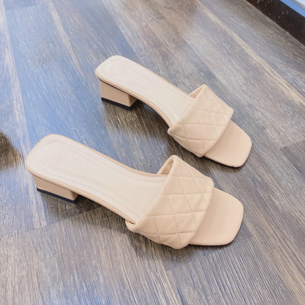 Dép coi ngang da mền nữ ACILICI thời trang thanh lịch mũi bằng đế vuông hở gót cao 3cm màu kem