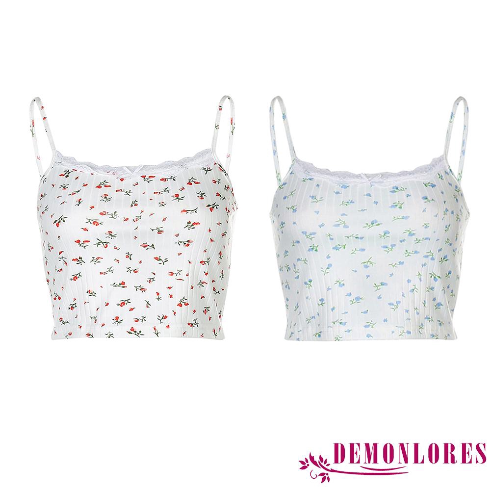 Áo hai dây mỏng cổ tròn ôm dáng in hoa phối ren thời trang mùa hè cho nữ