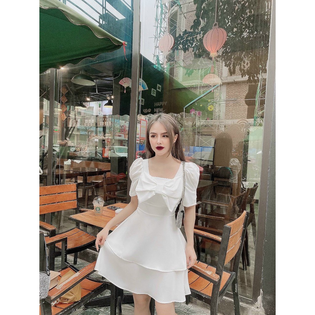Đầm xèo, đầm nữ dáng xèo, 2 tầng phối nơ ngực, có lot ngực, chất xốp, hai màu chọn lọc trắng và be. Cos V1011 | BigBuy360 - bigbuy360.vn