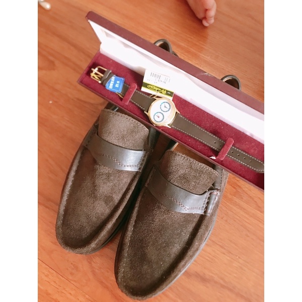 Sét 2 món giày da thật kèm đồng hồ Nhật