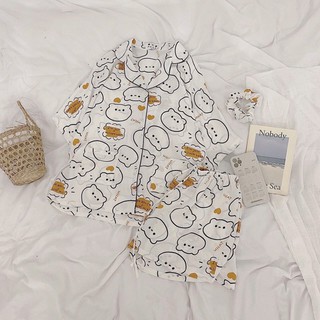 Bộ Ngủ Pijama hoạ tiết nhí , bộ ngủ lụa mango cao cấp( tặng kèm cột tóc cùng màu)