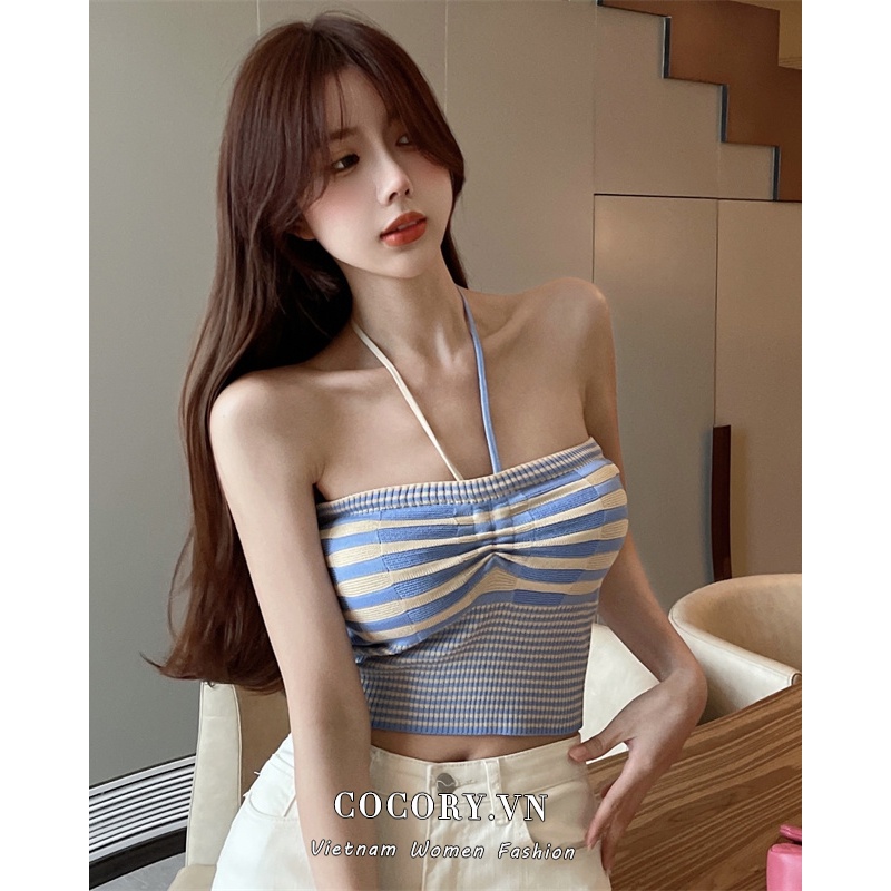 Cocory vn Áo Dệt Kim Hai Dây Dáng Ôm Họa Tiết Kẻ Sọc Thời Trang Quyến Rũ Cho Nữ