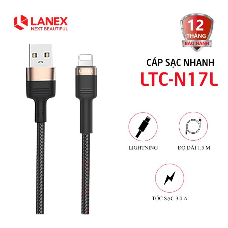 Cáp sạc nhanh Lanex LTC-N17L Lightning dài 1.5m - Dây dù dành cho điện thoại Android