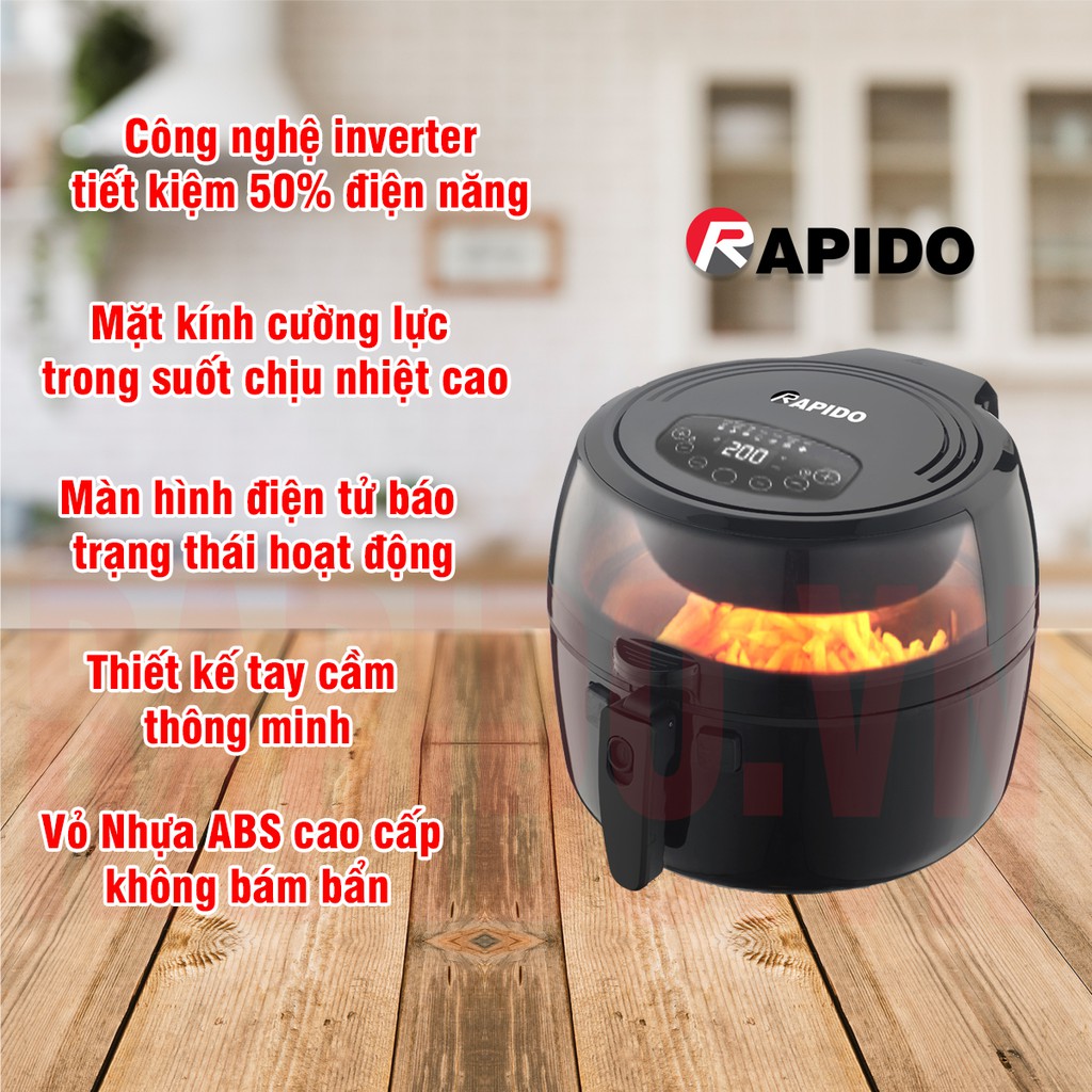 Nồi Chiên Không Dầu Rapido Dung Tích 6,5L.từ Đức an toàn sức khỏe với lưỡi đảo thức ăn -Tặng khay nướng Rapido Đức