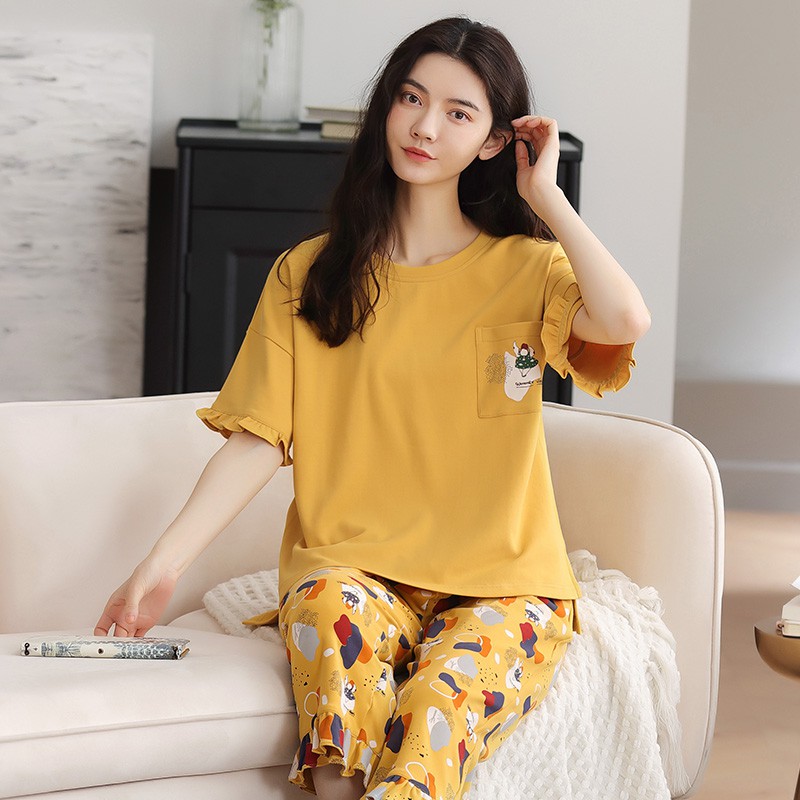 Đồ bộ nữ-Bộ mặc nhà quần lửng  style Hàn Quốc chất COTTON 100% thoáng mát ngày hè: Full size M-2XL