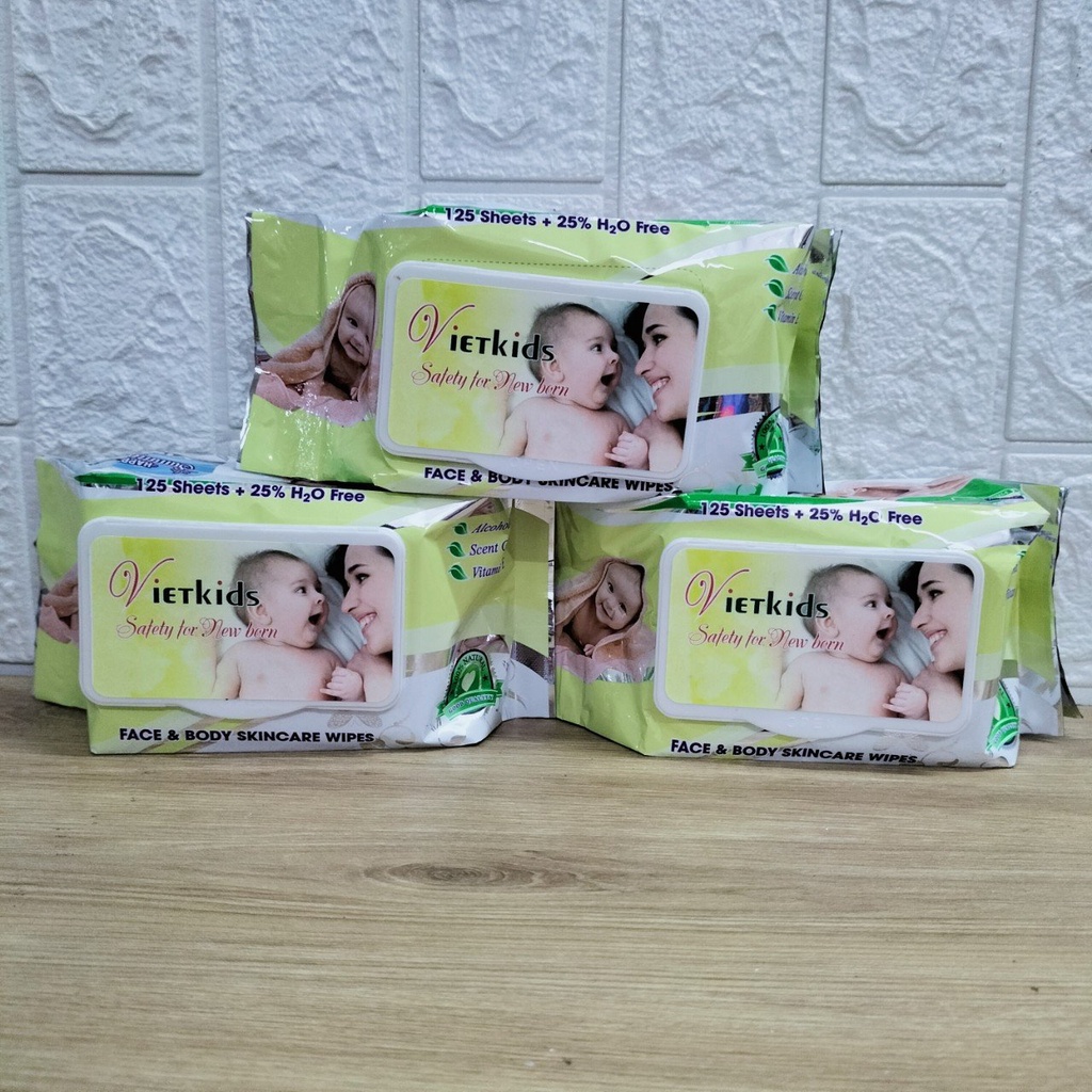 Combo 3 Bịch Khăn Giấy Ướt VietKids Siêu To Mùi Thơm Nhẹ 125 Tờ