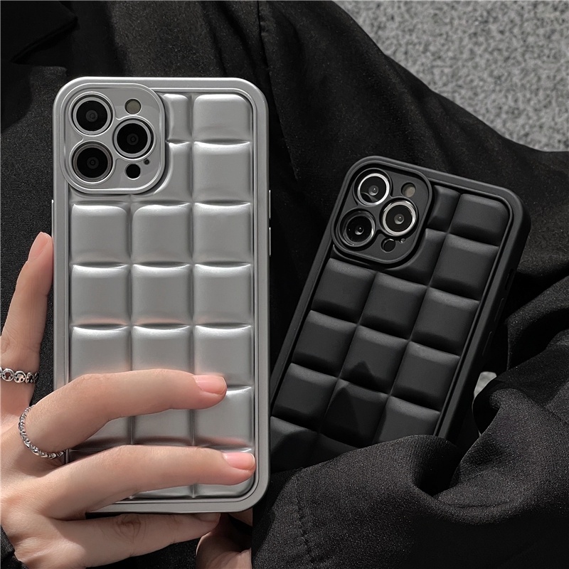 Ốp Điện Thoại Chống Sốc Họa Tiết Kẻ Ô Vuông Màu Đen / Bạc Đơn Giản Cho iPhone 14 11 13 12 Pro X XS Max XR