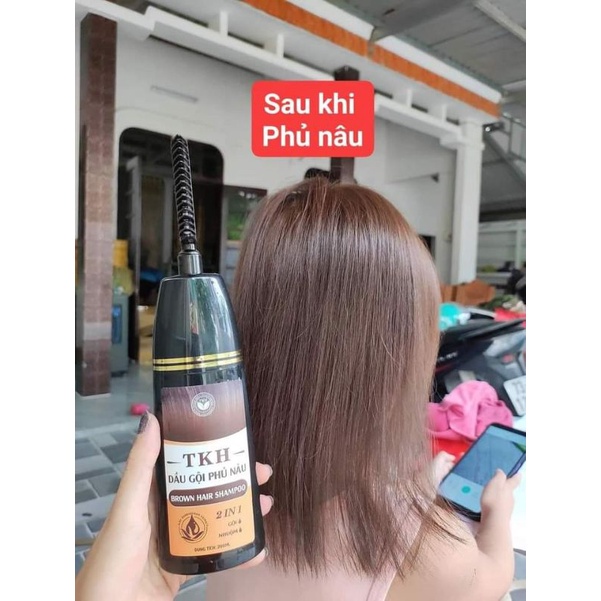 Dầu gội phủ bạc TKH, dầu gội đầu nhuộm tóc màu nâu hạt dẻ, màu đen tại nhà có lược Trần Kim Huyền