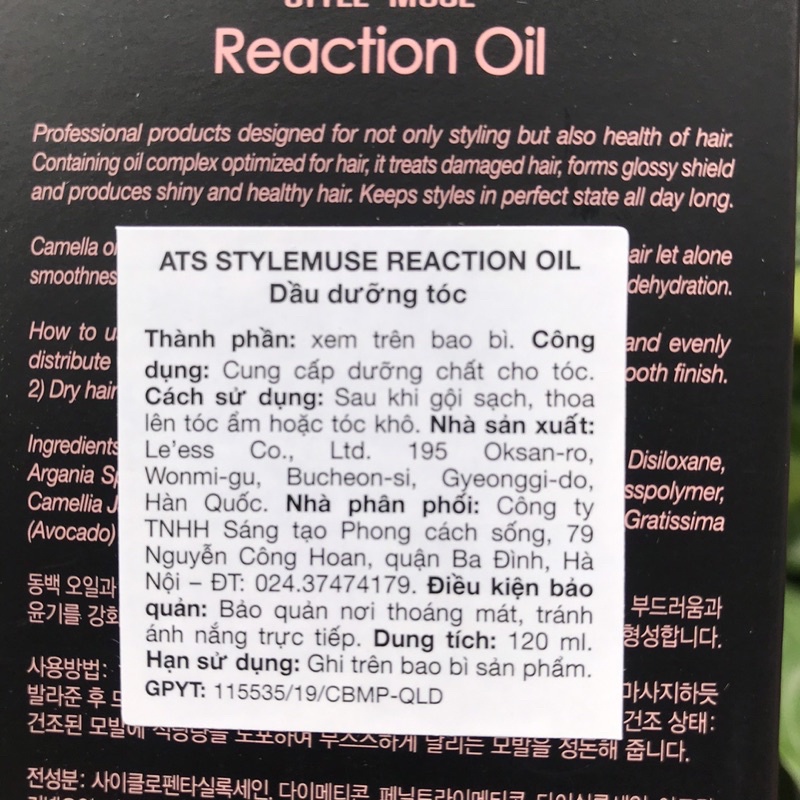 **TINH DẦU DƯỠNG DÀNH CHO TÓC UỐN ATS STYLEMUSE REACTION OIL HÀN QUỐC 120ML