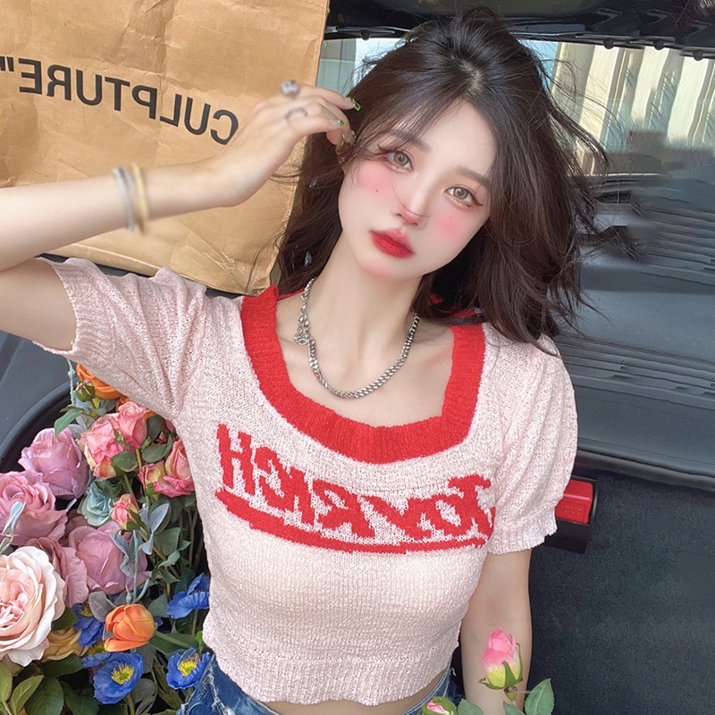 Áo Thun Croptop Ngắn Tay Cổ Vuông Thiết Kế Thoáng Khí Thời Trang Cho Nữ