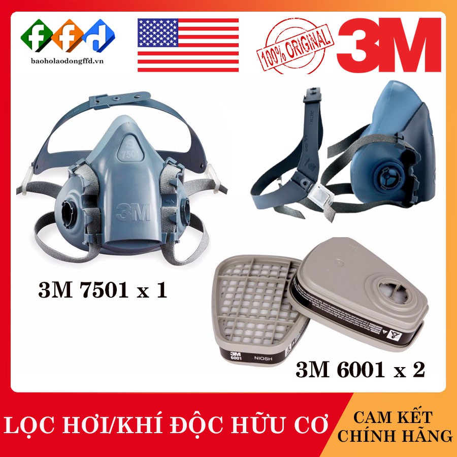 [Hàng chính hãng] Bộ mặt nạ phòng độc 3M 7501 3 món (2 phin lọc 6001),Mặt nạ phun hóa chất,lọc hơi hữu cơ,chống khói bụi