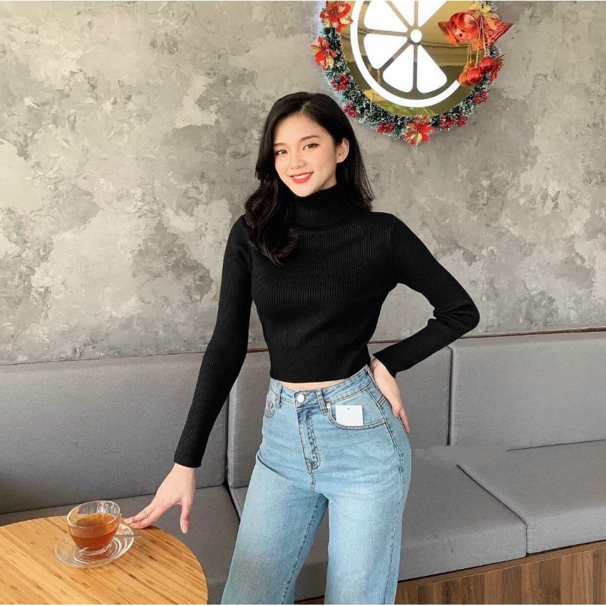 Áo len cổ lọ dáng lửng tay dài hàng quảng châu chất len dày dặn siêu ấm