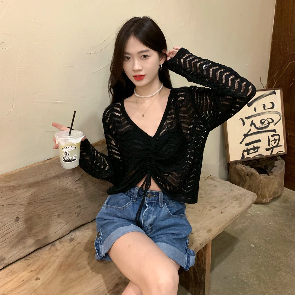 【ZHELIHANGFEI】Áo Dệt Kim Tay Dài Dáng Rộng Phối Dây Rút Thời Trang Trẻ Trung Cá Tính