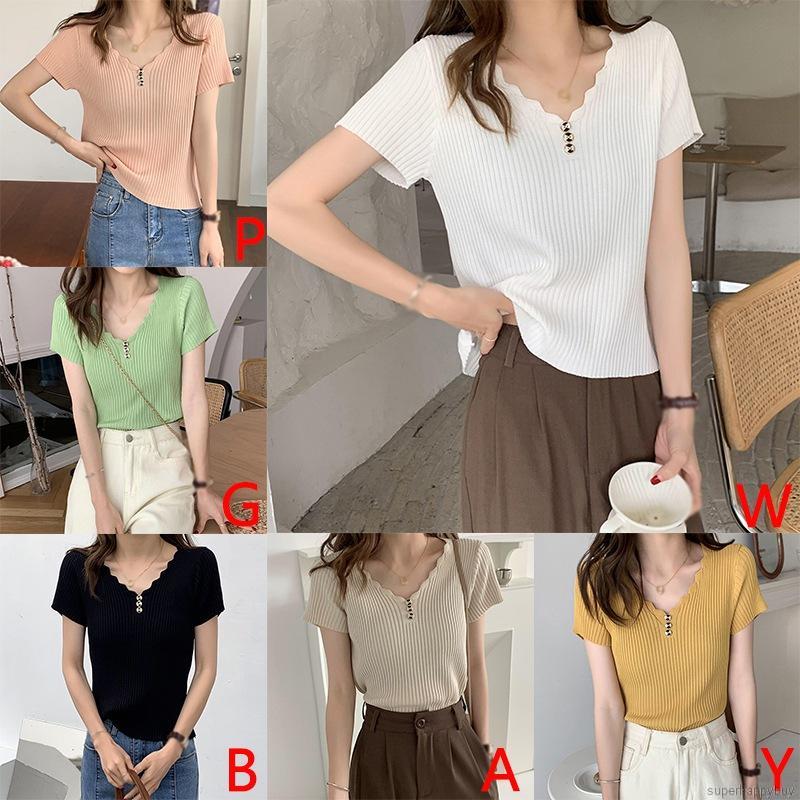 Áo Thun Nữ Ngắn Tay Cổ Chữ V Thời Trang Hàn Quốc