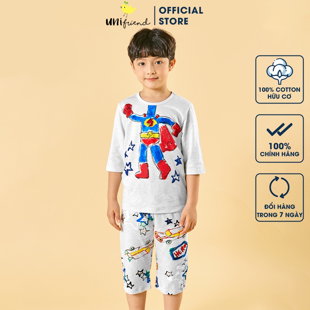 Đồ bộ lửng quần áo thun cotton mịn mặc nhà mùa hè cho bé trai Unifriend Hàn Quốc U2005