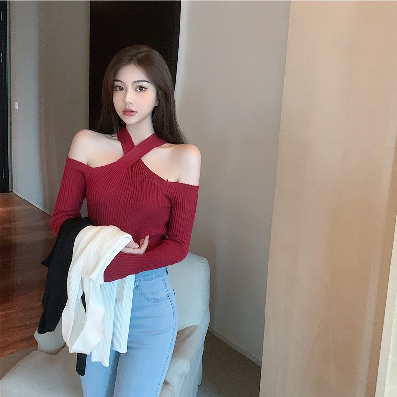 QKOOLE  Áo dệt kim tay dài dáng ôm phong cách Hàn Quốc quyến rũ dành cho nữ