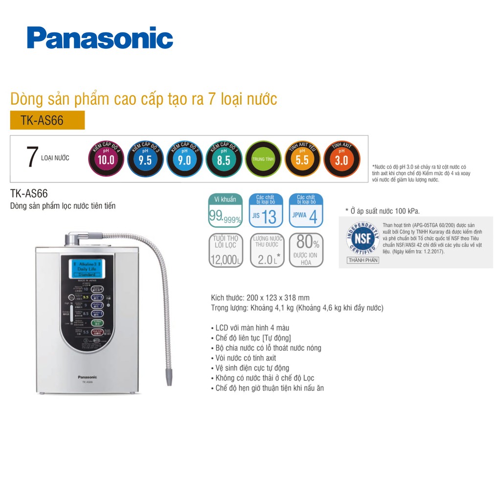 Máy Lọc Nước Điện Giải Ion Kiềm PANASONIC TK-AS66 - Tạo ra 7 loại nước ion, Hàng Chính Hãng