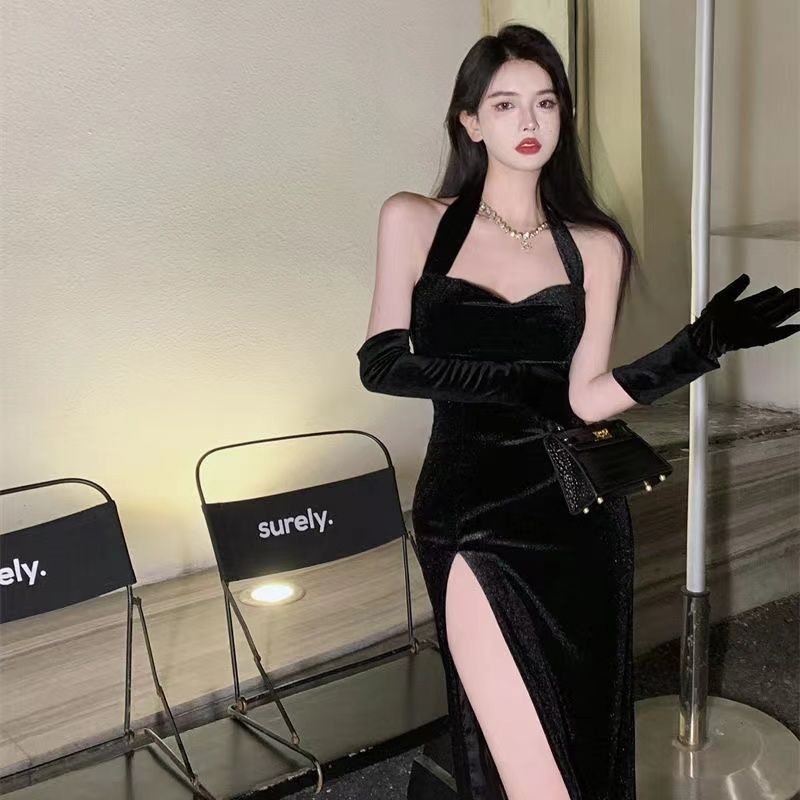 COZOKC COZOK Đầm nhung COZOK không tay xẻ tà quyến rũ phong cách thời trang