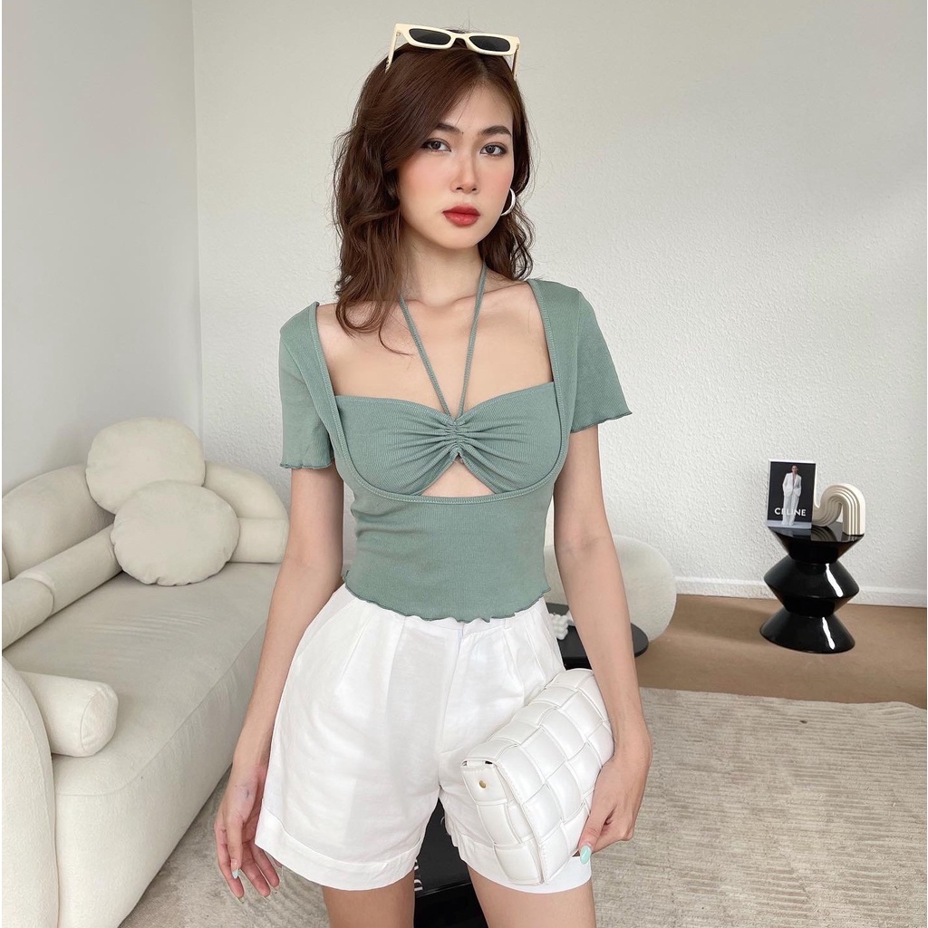 Áo croptop nữ body ngắn tay TOPTIFY yếm cột cổ viền lượn sóng Kartia Top AC213