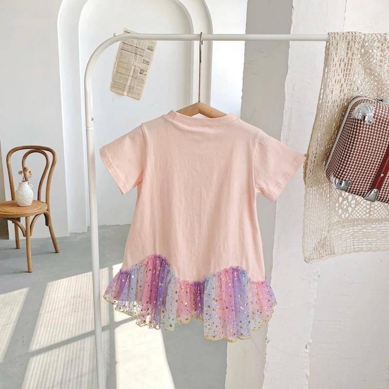Đầm lưới cotton cổ tròn in hoạt hình phong cách phương Tây cho bé gái