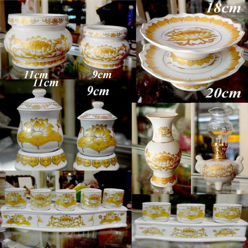 Bộ 5 ly nước thờ cúng sứ trắng sen vàng