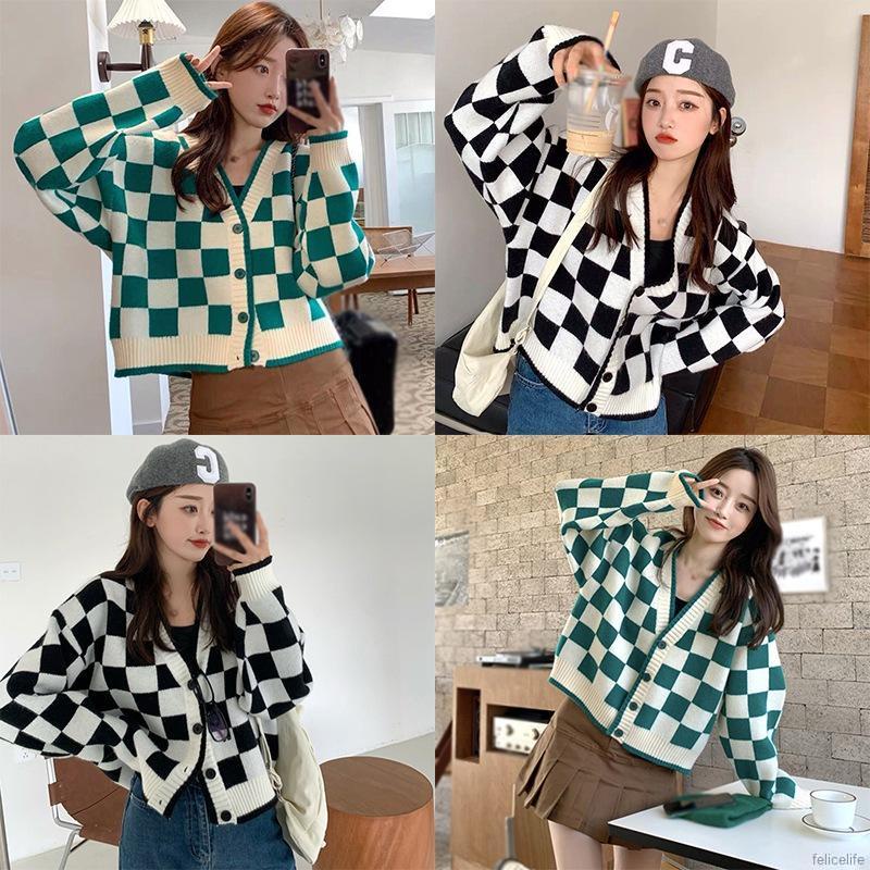 Áo khoác cardigan dệt kim phối nút cài cổ chữ V họa tiết kẻ ô thiết kế dáng rộng thời trang dành cho nữ