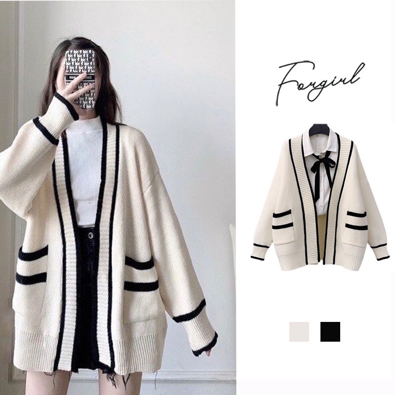 Áo khoác len cardigan trơn phối viền Forgirl dáng xuông có túi