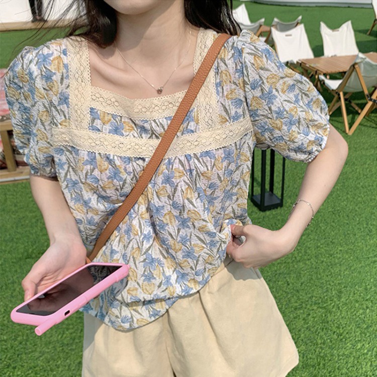 MS258 Áo babydoll hoa nhí cổ vuông phối ren siêu xinh