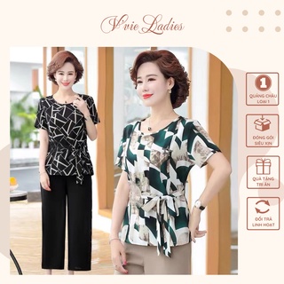 Đồ bộ trung niên nữ cho mẹ, Áo voan họa tiết hình học thắt eo, Quần vải cát ống rộng V'vie Ladies #B07