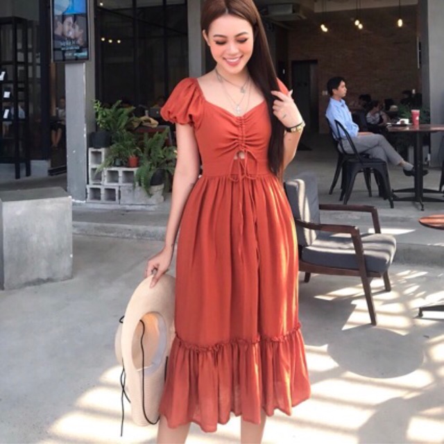 ĐẦM CỔ V lai bèo nhún ngực xd