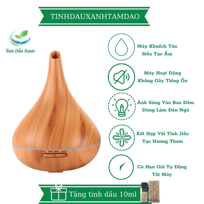 Máy Khuếch Tán Tinh Dầu Phòng Ngủ Tinh Dầu Xanh Hồ Lô Vân Gỗ Phun Sương Siêu Âm 500ML Tặng Tinh Dầu Thiên Nhiên 10ML