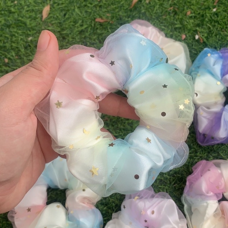 Dây buộc tóc, cột tóc scrunchies càu vòng 2 lớp siu to size 13cm lụa hàn quốc phối lưới