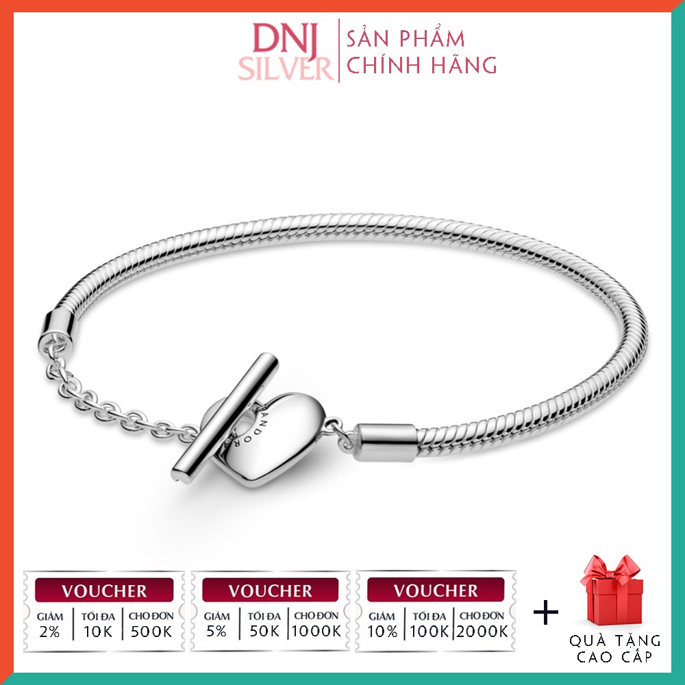 Vòng tay bạc 925 cao cấp - Mẫu vòng Heart T-Bar Snake Chain, có thể mix thêm hạt charm vào vòng theo ý thích