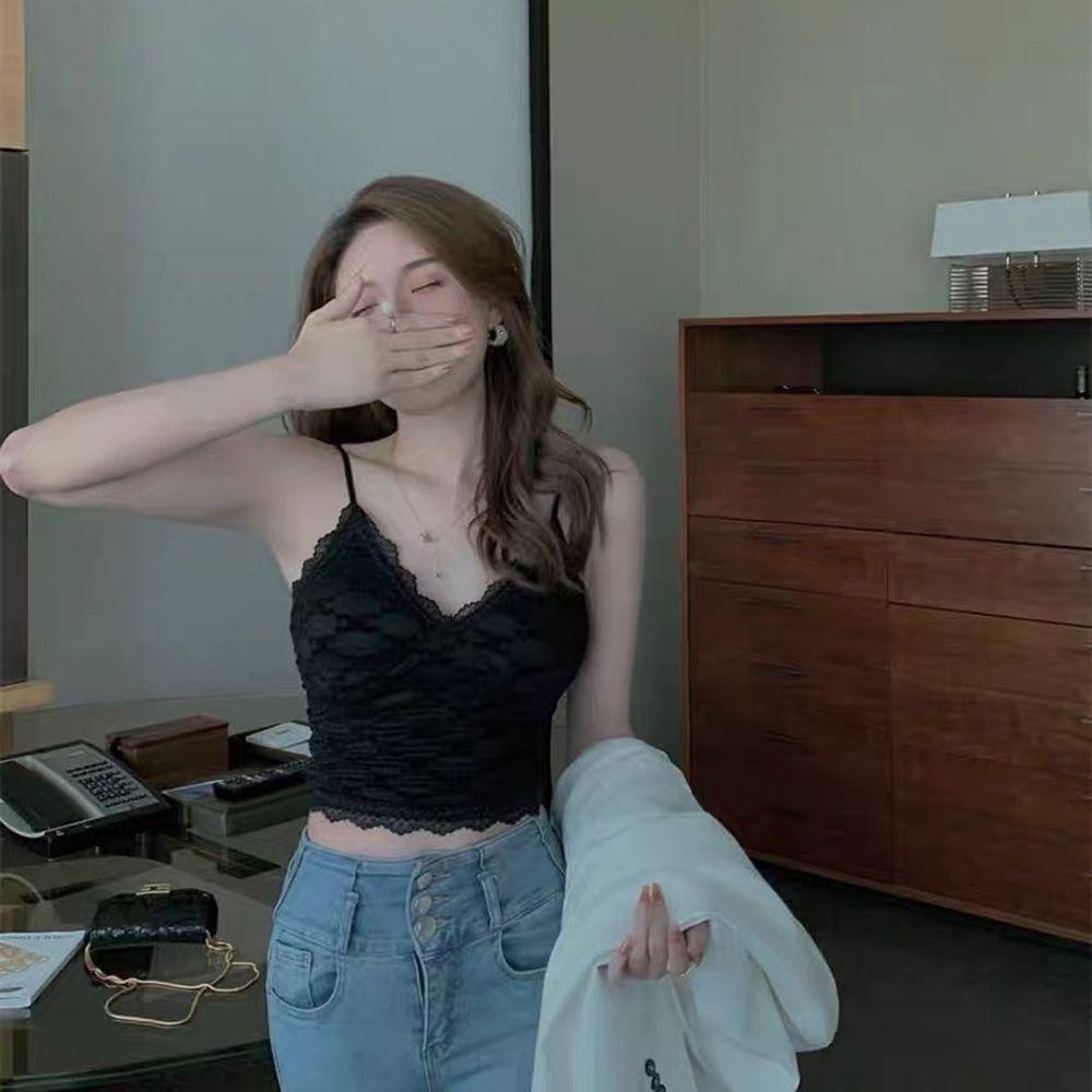 OCEANMAP Áo Ngực Nylon Hai Dây Phối Ren Màu Trơn Thoáng Khí Thời Trang Cho Nữ