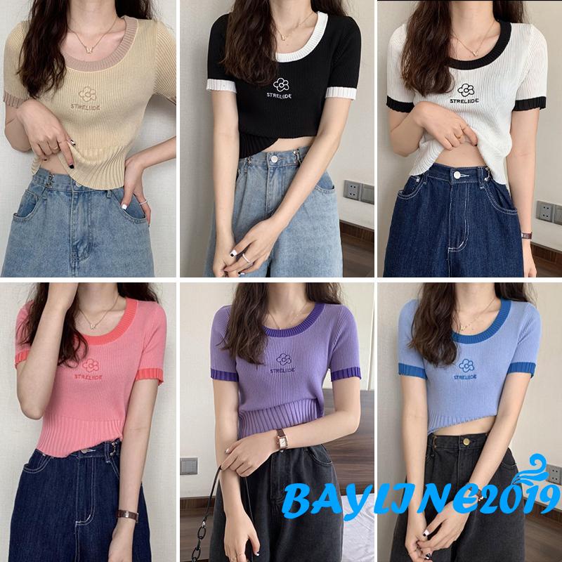 Áo thun lửng tay ngắn thêu hoa và chữ trẻ trung cho nữ