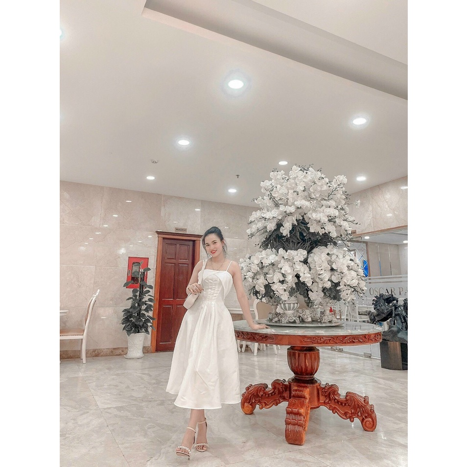 Đầm dạ hội trắng 2 dây nơ ngực phối ren ChemMix thiết kế siêu xinh cho nàng dự tiệc, hẹn hò